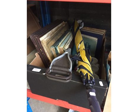 A BOX WITH OLD BOOKS, SHOOTING STICK ETC