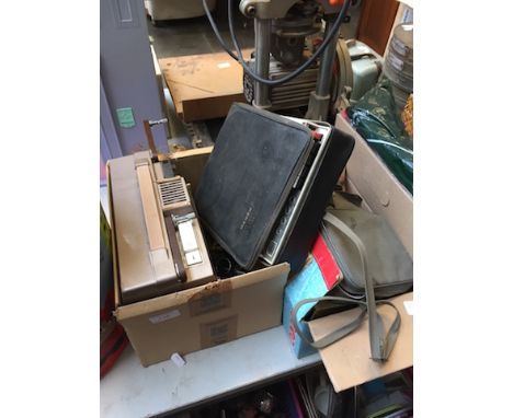 2 BOXES CONTAINING A TAPE RECORDER, PROJECTOR, CINE CAMERA, BOULES ETC