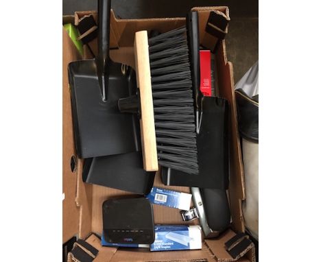 BOX OF CLEANING TOOLS  - BRUSH HEAD, DUST PANS ETC.