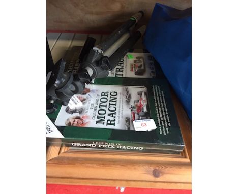 CAMERA TRIPOD & BOXED DVD SET OF MOTOR RACING & A PRINT