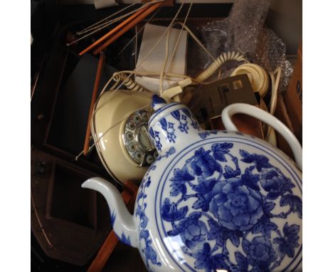 BOX WITH BLUE CHINESE FLASK, MODEL BOAT, PHONE ETC. E1All items in box are now pictured. Blue and white vase has no signs of 