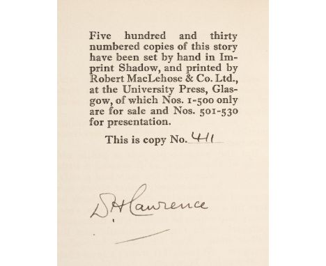 Lawrence (D. H.) Rawdon's Roof, limited edition, number seven of the Woburn Books series, London: Elkin Mathews &amp; Marrot,
