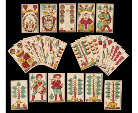 * Playing cards. Bohemian (Prager) pattern, Vienna, Austria: Josef Glanz, circa 1870, a complete deck of 32 stencil-coloured 