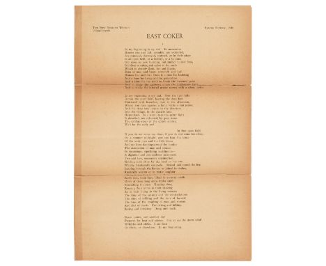 Eliot (T. S.). East Coker, 1st appearance, [in:] The New English Weekly (Supplement), Easter Number, 1940, pp. [325]-328, ton