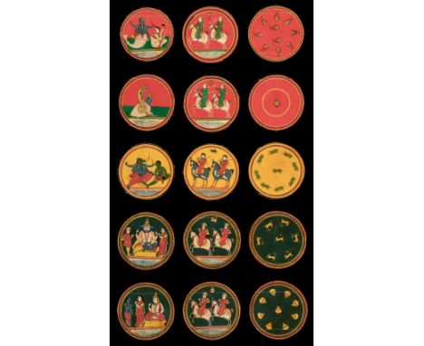 * Indian playing cards. Dashavatara Ganjifa, Sawantwadi, Maharashtra, India, circa 1950, a complete deck of 120 hand-painted 