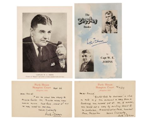 * Johns (William Earl, 1893-1968). Two autograph postcards signed, 1958-59, on Park House, Hampton Court, Kingston headed pos