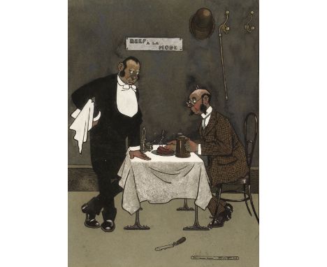 * Owen (Will, 1869-1957). Beef Á La Mode, watercolour with pen and ink, depicting a disgruntled customer and an unhappy looki