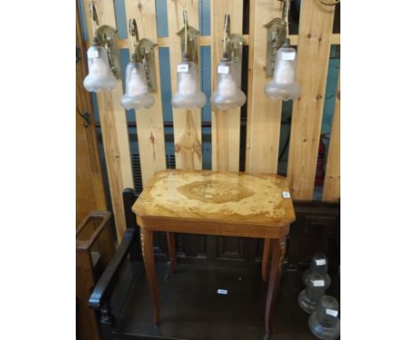 Five brass wall light with glass shades and an occasional table (6) Condition Report: Available upon request