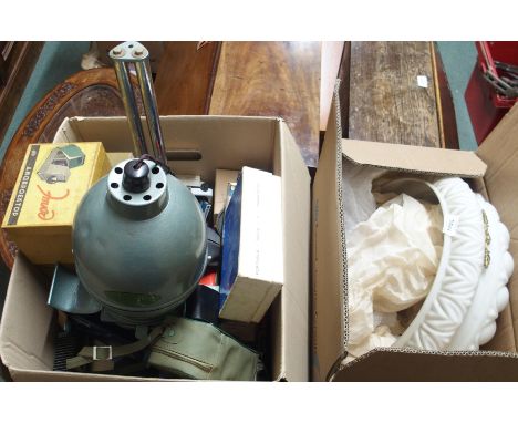 A box of vintage photographic equipment, brassware and a light shade Condition Report: Available upon request