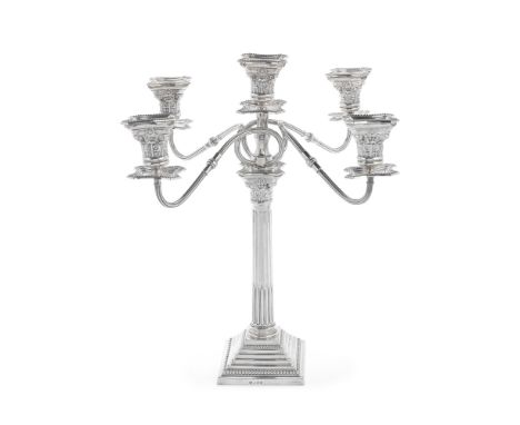 A silver five-light candelabrummaker's mark distorted F ?, Birmingham 1931 The Corinthian column terminating on stepped squar