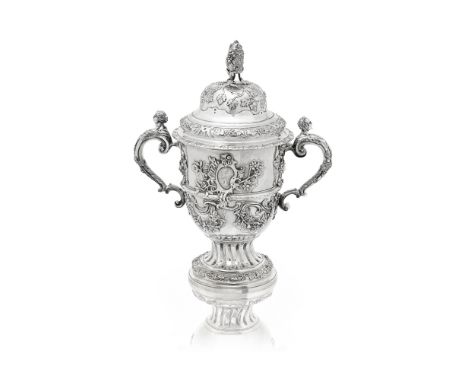 A George II silver cup and coverWilliam Grundy, London 1747 Cylindrical with baluster form cover chased with fruiting vines a