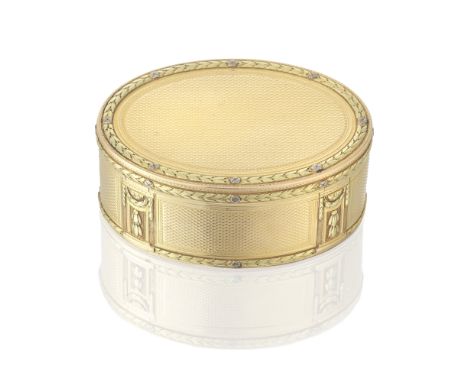 A Louis XVI vari-coloured gold box,by Charles le Bastier, Paris 1776 Oval, the hinged cover with engine turned decoration wit