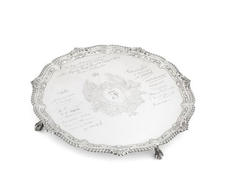 Of Iraqi interest: a large silver salver presented to King Faisal IIMartin Hall &amp; Co, Sheffield 1923 Shaped-circular form
