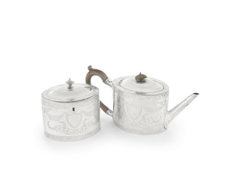 A George III silver teapot and matching tea caddyHenry Green, London 1787 and 1786 Both of oval forms, with bright engraved b