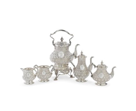 A Victorian silver five-piece tea and coffee service including kettle on standRobert Hennell, London 1871, cream jug unmarked