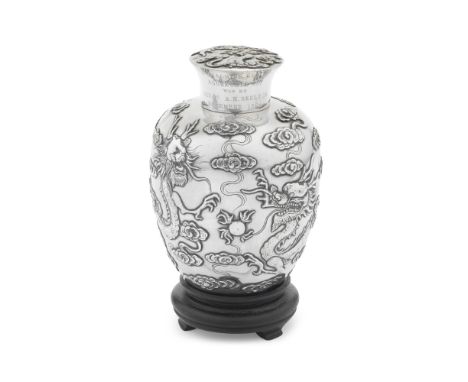 A Chinese Export silver tea caddyWang Hing, Hong Kong circa 1890, stamped WH, character mark and 90 Of tapering ovoid form, w