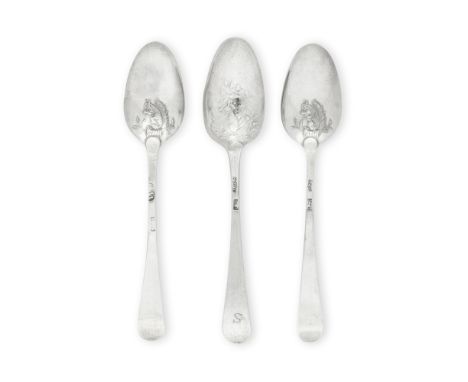 Three George III silver 'squirrel' picture-back teaspoonsLondon, varying makers, each with maker's marks and lion passant onl