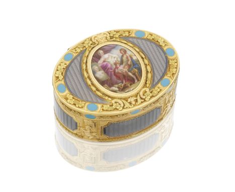 A Louis XV vari-coloured gold and enamelled oval snuff boxJean-Joseph Barrière, Paris 1772, with the cow export discharge mar