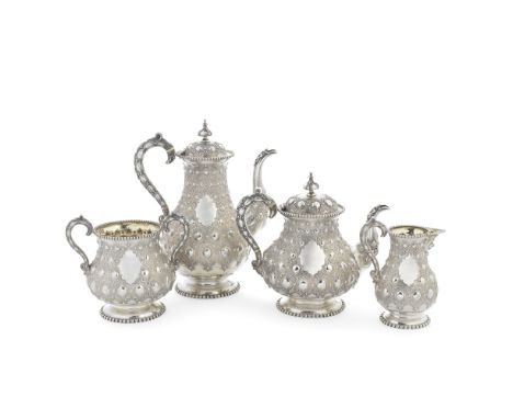 A Victorian silver four-piece tea and coffee serviceRobert Hennell, London 1867 Baluster form with bead rims and broad bellie