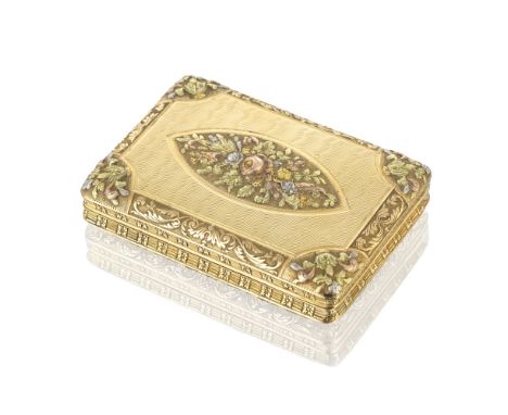 A 19th century Swiss vari-coloured gold boxAlexander Magnin, Geneva Rectangular, the cover with a central navette-shaped chas