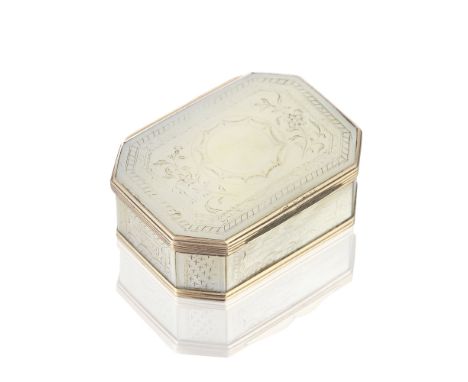 A George III gold-mounted mother of pearl snuff boxunmarkedRectangular with canted corners, the mother of pearl cover with va