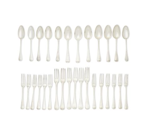 A collection of George II / III silver Hanoverian pattern flatwareComprising: twelve bottom marked three-pronged dessert fork