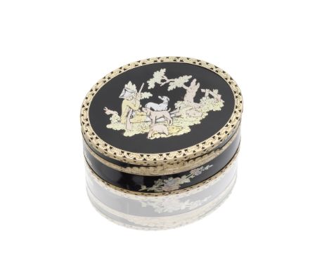 A Louis XV gold, tortoiseshell and piqué-posé snuff boxLaurent Viardot, Paris 1762 Oval, the tortoiseshell cover decorated in