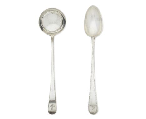 A George III silver Old English pattern feather edge soup ladle and an  Old English pattern bright-engraved basting spoonHest