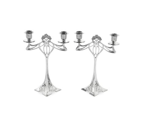 A pair of Art Nouveau silver-plated 'Eiffel' two-light candelabra designed by Albert MayerWMF, Geislingen an der Steige, Germ