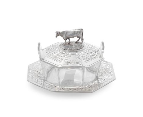 A Victorian silver and glass butter dish on standHenry Wilkinson &amp; Co, Sheffield 1855Pierced octagonal form, the octagona