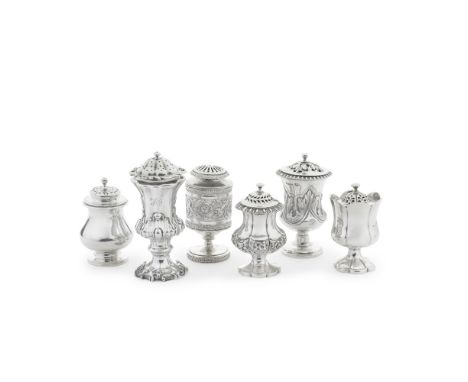 A collection of six George III and later silver peppersVarious dates and makers Comprising: a George IV silver pepper, Robert
