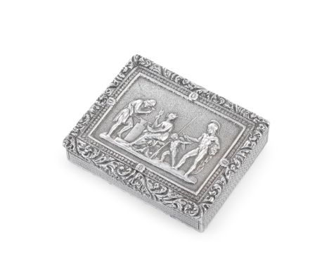 A William IV silver 'The Arming of Mars' snuff boxEdward Smith, Birmingham 1827 Rectangular, the cover with a relief depictio