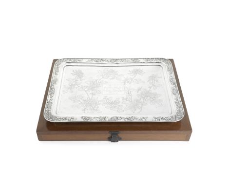 A large Chinese Export silver presentation tray in caseWang Hing, Hong Kong circa 1900, stamped WH, character mark and 90 Of 