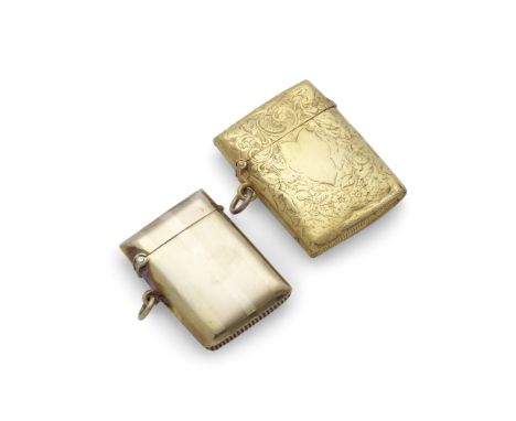 Two 9 carat gold vesta casesHenry Matthews, Birmingham 1895 and Cohen &amp; Charles, Chester 1911 The first with engraved fol
