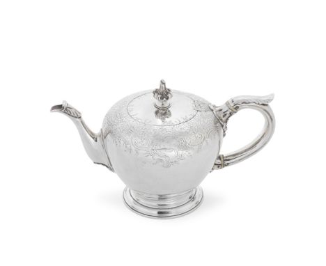 A George IV silver teapotCharles Fox, London 1836 Of tapered bullet form, a flush hinged cover surmounted by an ornate ribbed