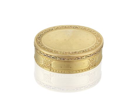 A Louis XVI gold snuff boxAntoine-Louis Anthiaume, Paris 1786 Oval form, the cover with a central panel of stellar and pellet