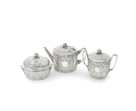 An American silver teapot, sugar bowl and butter dishAndrew Ellicott Warner, Baltimore circa 1845, stamped A.E.WARNER in serr