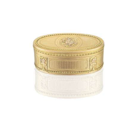 A Louis XVI vari-coloured gold snuff boxJean-Edme Julliot, Paris 1773 Elongated oval form, the cover centred with a vari-colo
