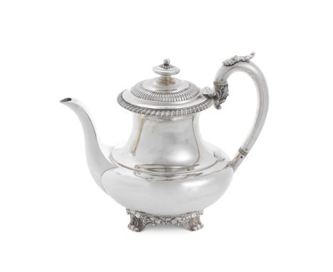A George IV silver coffee potRobert Hennell, London 1826Waisted neck and bellied lower body, gadroon rim, the hinged cover wi
