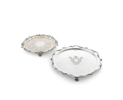 Two silver salversShaped-circular, first Charles Reily &amp; George Storer, London 1844, scroll rim, centre engraved with aca