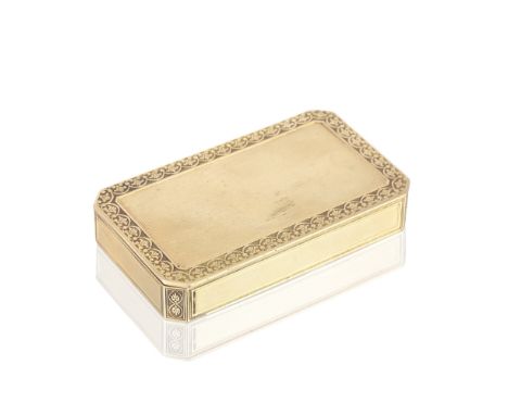A 19th century gold snuff boxincused stamped 14, possibly Hanau Rectangular with canted corners, decorated with linear engine