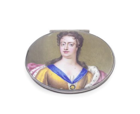 An 18th century silver and enamel snuff boxmaker's mark T B, Oval, the cover set with an enamel panel of Queen Anne, reeded m
