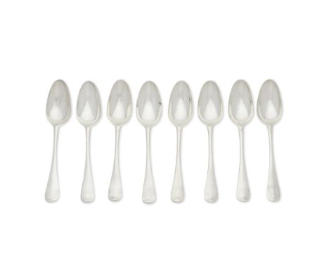 Eight George II silver Hanoverian pattern bottom marked tablespoonsWilliam Young, London 1743 Armorial engraving to backs of 