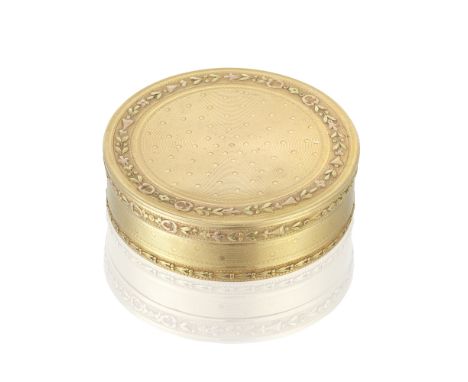 A Louis XVI vari-coloured gold snuff boxToussaint-Francois Pillieux, Paris 1787 Circular, the cover with pelleted engine-turn