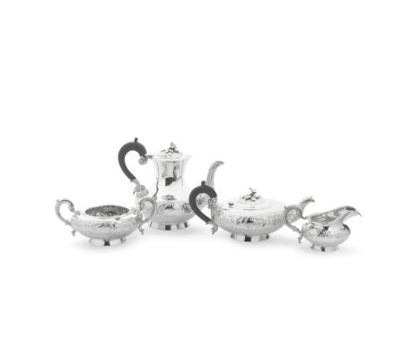 A William IV Irish silver four-piece silver tea and coffee serviceJames Fray, Dublin 1836, cream jug 1835 Compressed form wit