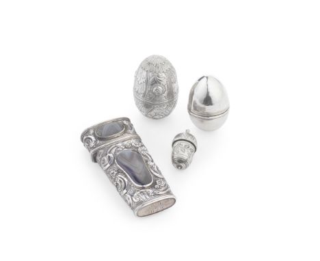 Two 18th century silver nutmeg gratersSamuel MeritonBoth egg form, one plain, the other with floral and scroll decoration, le