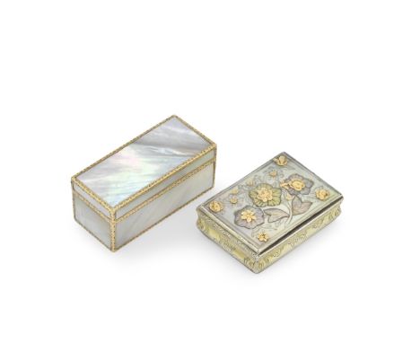A Louis XV gold, silver and mother of pearl snuff boxwith the discharge mark of Julien Berthe, Paris 1750-56 The cover set wi