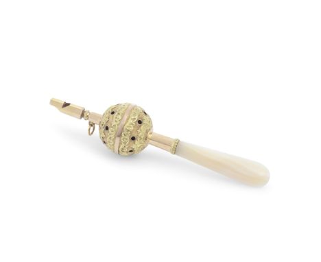 A 19th century French vari-coloured gold and mother of pearl mounted rattlewith eagle's head standard mark, Octagonal stem wi
