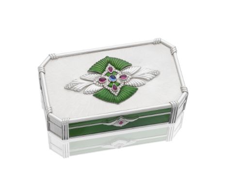 An 18 carat white gold, enamelled, diamond and gem set boxGarrard &amp; Co Limited, London 1997In the Art Deco style, the hin