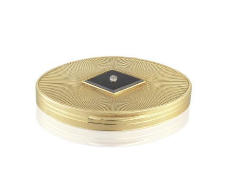 A Continental modern gold boxstamped with maker's mark and '750'Navette form, hinged cover with engine-turned rayed design is